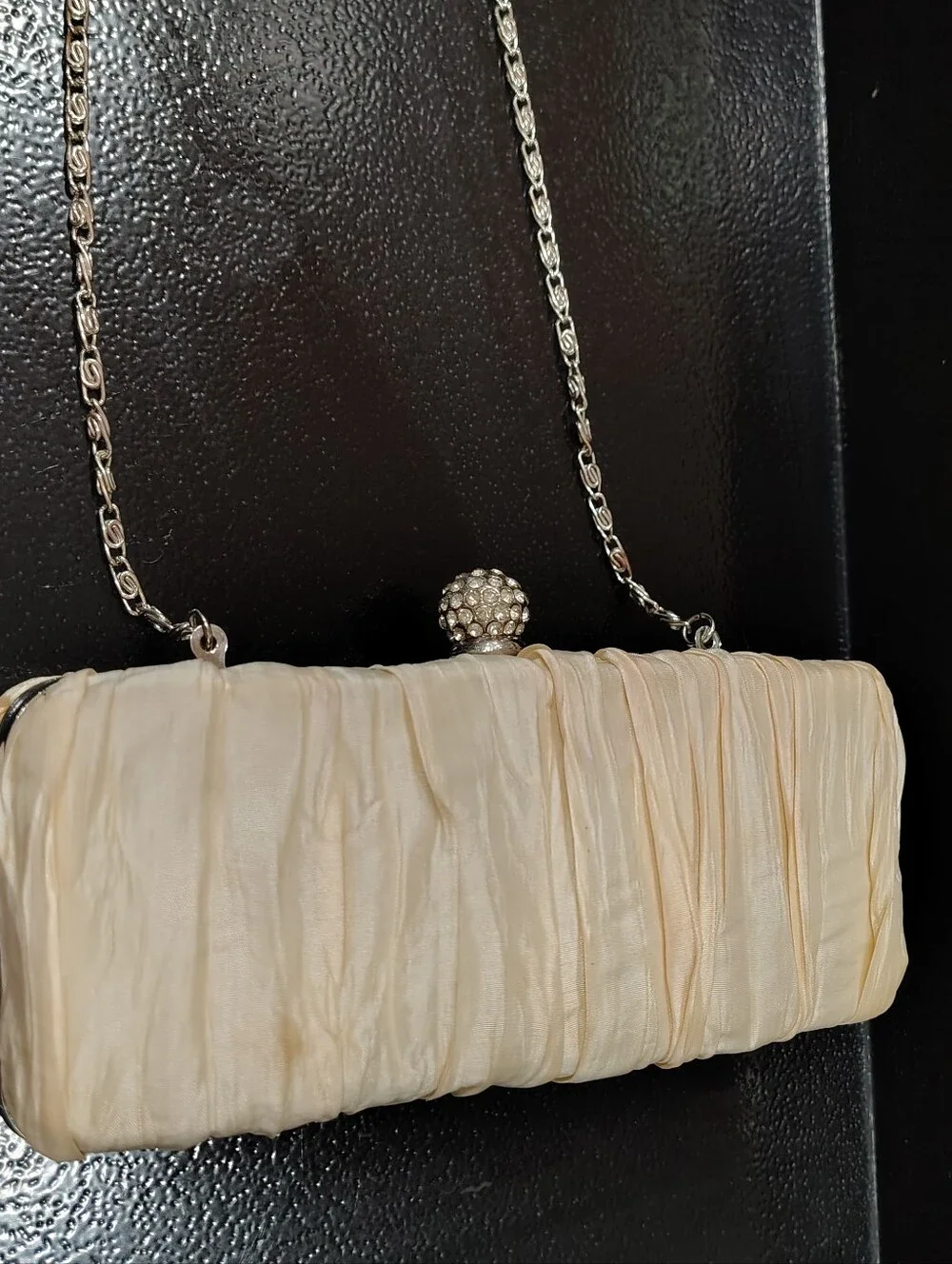 Y2K Jessica McClintock VTG Ivory Evening Bag, Rhinestone Clasp Clutch Crossbody